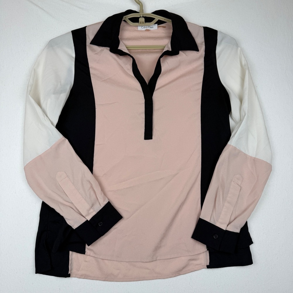 Calvin Klein Women Pink Black Colorblock Split Neck Blouse Small